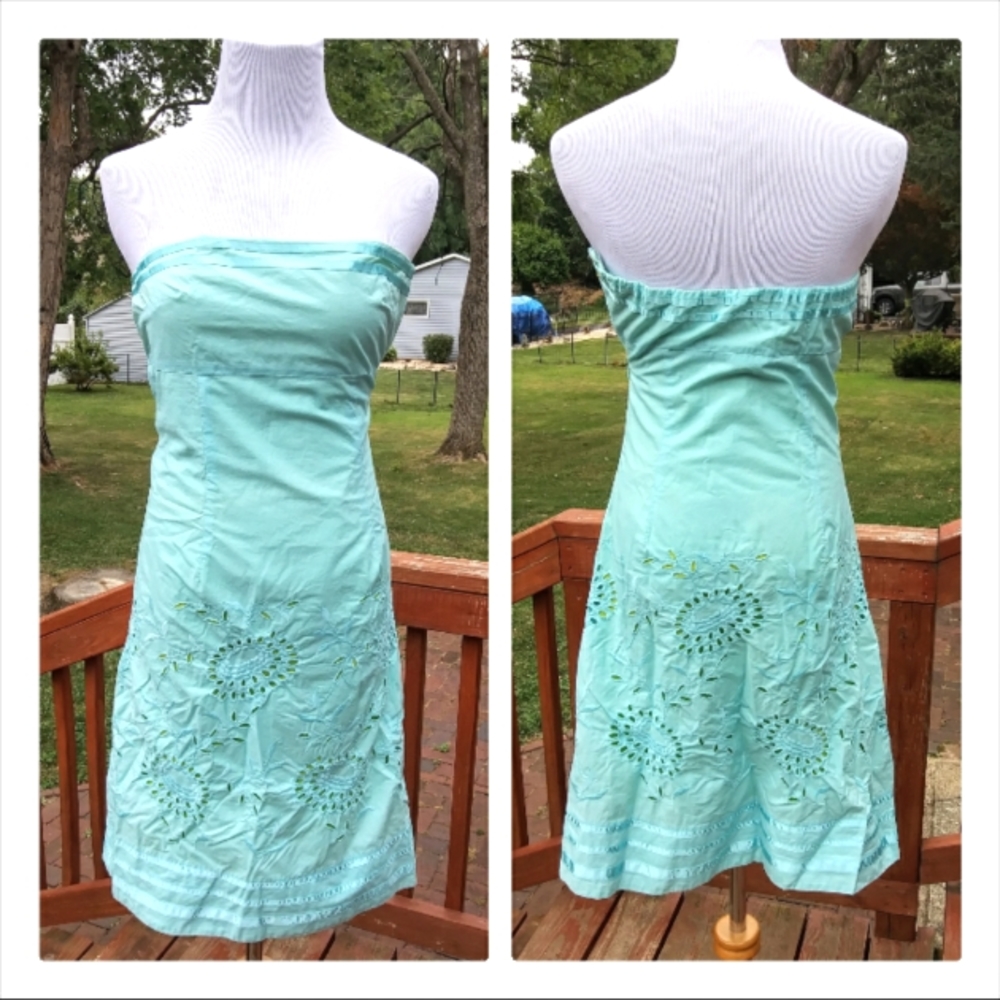 Express Turquoise Strapless Eyelet Dress - Picture 1 of 6